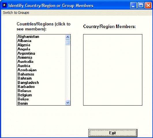 Selecting groups or countries/regions window