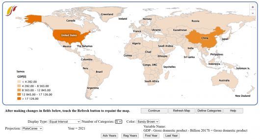 This image shows an example of what the map display option looks like for the Map, Lorenz, and Gini specialized display.